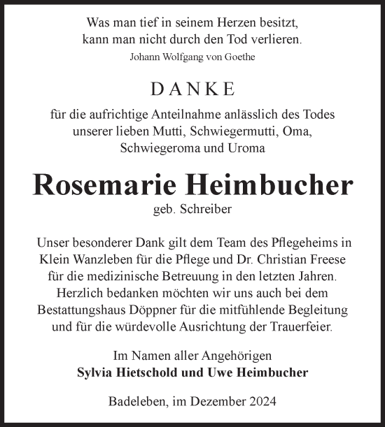 Traueranzeige von Rosemarie Heimbucher von Volksstimme Oschersleben/Wanzleben