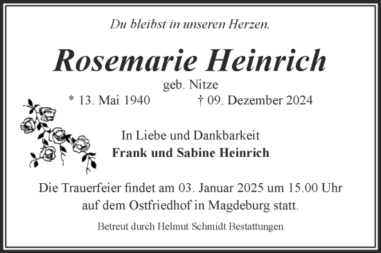 Traueranzeige von Rosemarie Heinrich von Volksstimme Magdeburg