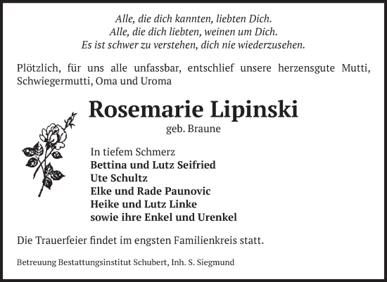 Traueranzeige von Rosemarie Lipinski von Volksstimme Haldensleben/Wolmirstedt