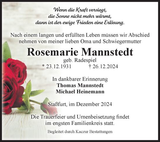 Traueranzeige von Rosemarie Mannstedt von Volksstimme Staßfurt