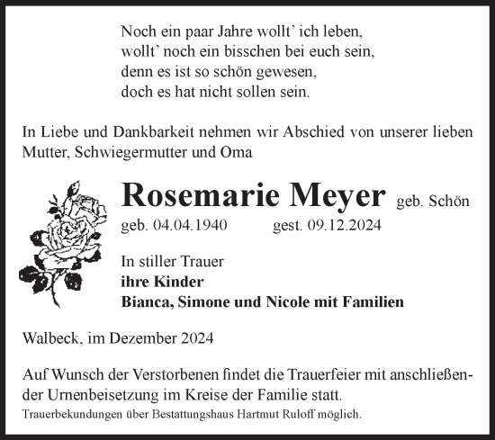 Traueranzeige von Rosemarie Meyer von Volksstimme Haldensleben/Wolmirstedt