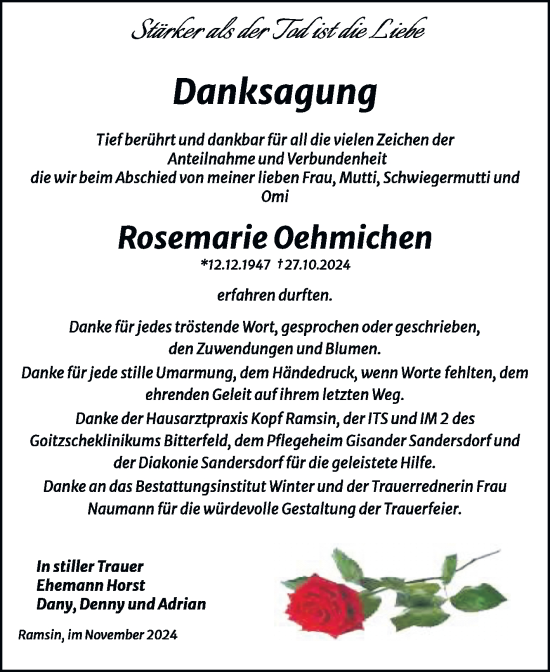 Traueranzeige von Rosemarie Oehmichen von Trauerkombi Bitterfeld