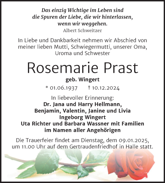 Traueranzeige von Rosemarie Prast von Mitteldeutsche Zeitung Halle/Saalkreis