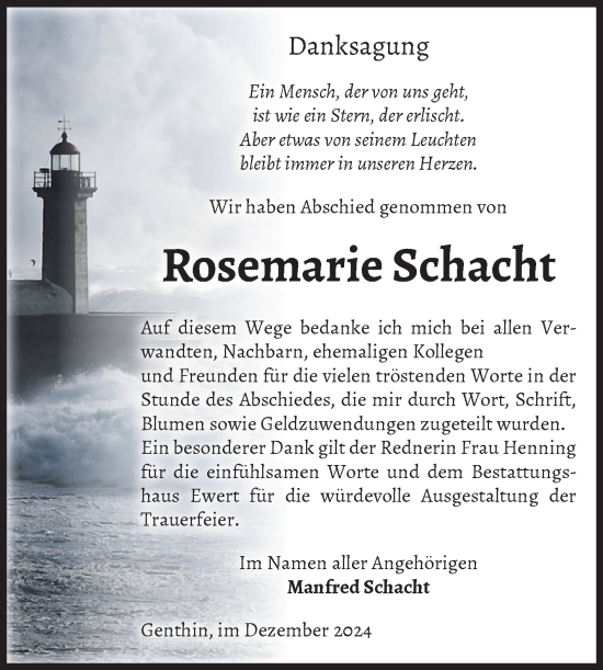Traueranzeige von Rosemarie Schacht von Volksstimme Burg/Genthin
