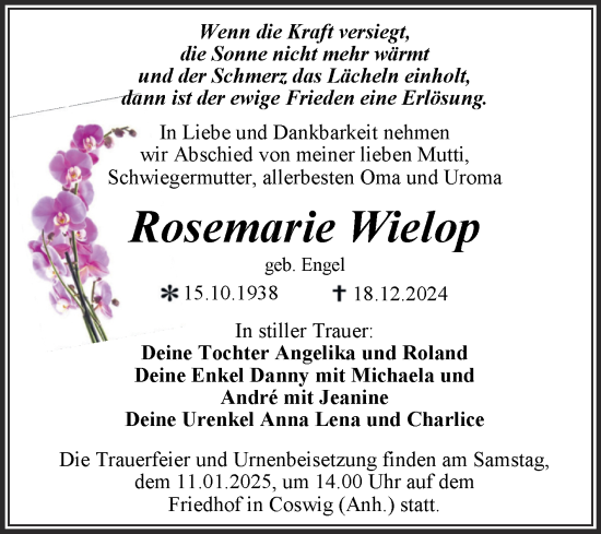 Traueranzeige von Rosemarie Wielop von Trauerkombi Wittenberg