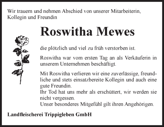 Traueranzeige von Roswitha Mewes von Volksstimme Altmark West