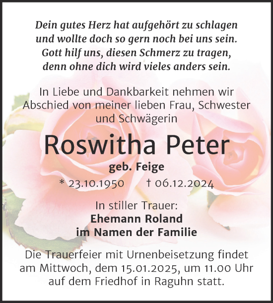 Traueranzeige von Roswitha Peter von Trauerkombi Bitterfeld