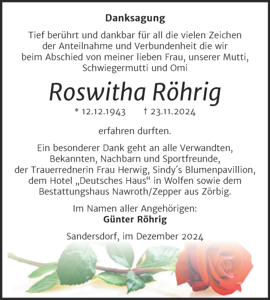 Traueranzeige von Roswitha Röhrig von Trauerkombi Bitterfeld
