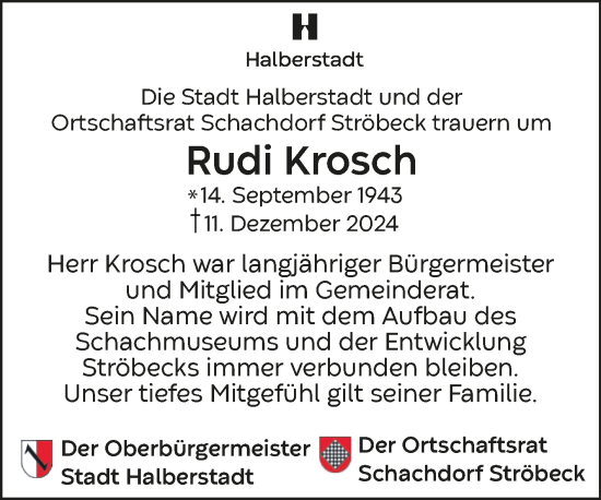 Traueranzeige von Rudi Krosch von Volksstimme Halberstadt