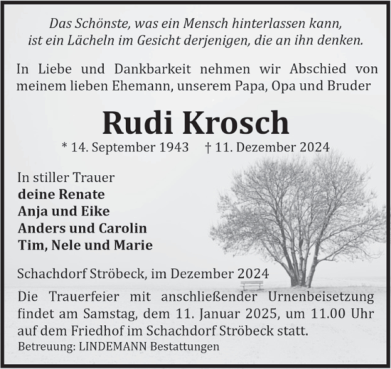 Traueranzeige von Rudi Krosch von Volksstimme Halberstadt