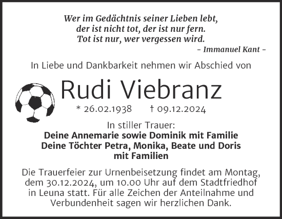 Traueranzeige von Rudi Viebranz von Trauerkombi Merseburg