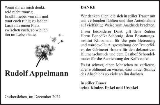 Traueranzeige von Rudolf Appelmann von Volksstimme Oschersleben/Wanzleben