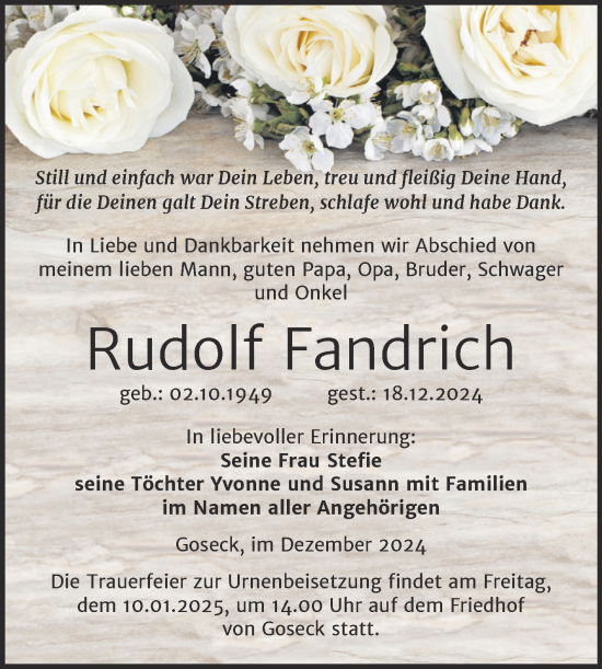 Traueranzeige von Rudolf Fandrich von Trauerkombi Weißenfels