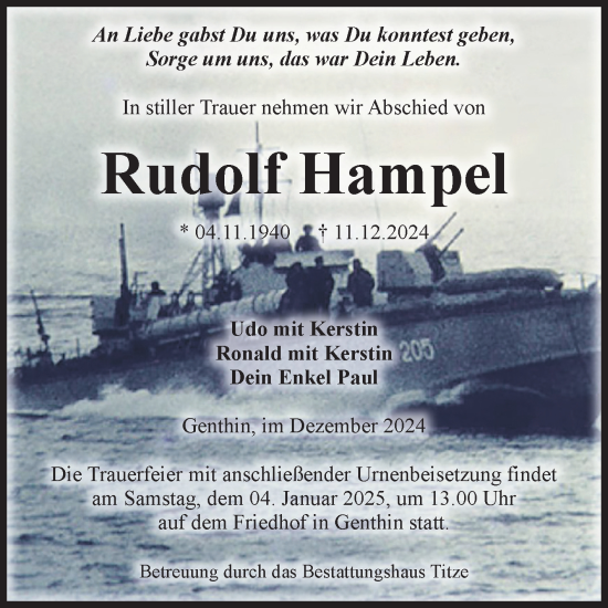Traueranzeige von Rudolf Hampel von Volksstimme Burg/Genthin