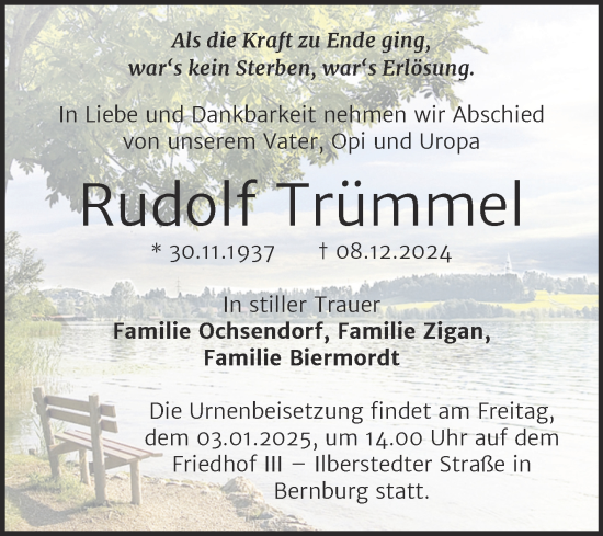 Traueranzeige von Rudolf Trümmel von Trauerkombi Bernburg