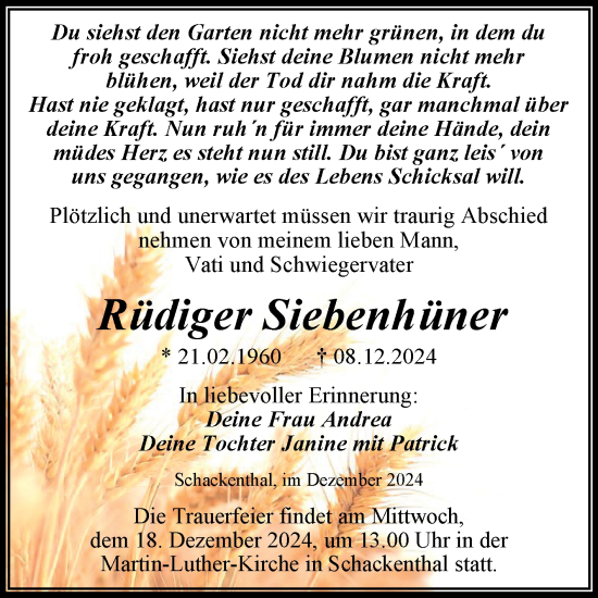 Traueranzeige von Rüdiger Siebenhüner von Trauerkombi Aschersleben