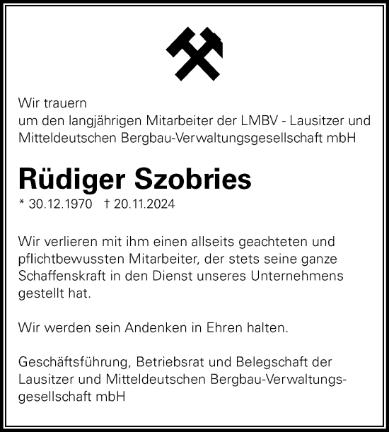Traueranzeige von Rüdiger Szobries von Super Sonntag Aschersleben