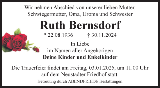 Traueranzeige von Ruth Bernsdorf von Volksstimme Magdeburg