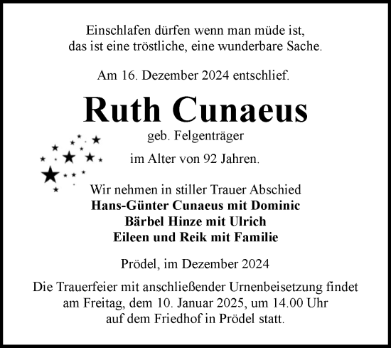 Traueranzeige von Ruth Cunaeus von Volksstimme Zerbst