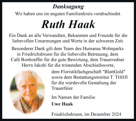 Traueranzeige von Ruth Haak von Trauerkombi Quedlinburg
