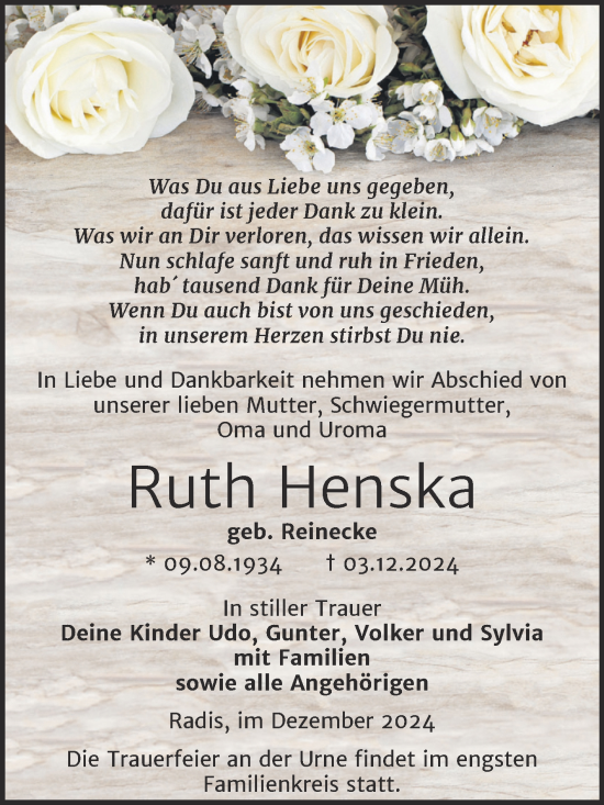 Traueranzeige von Ruth Henska von Trauerkombi Wittenberg