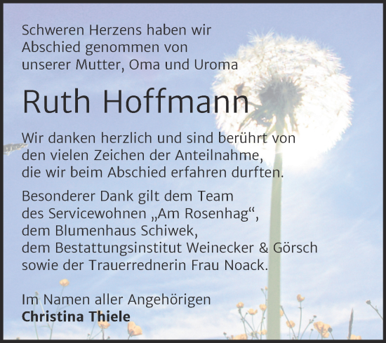 Traueranzeige von Ruth Hoffmann von Trauerkombi Bernburg