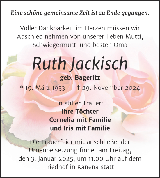 Traueranzeige von Ruth Jackisch von Mitteldeutsche Zeitung Halle/Saalkreis