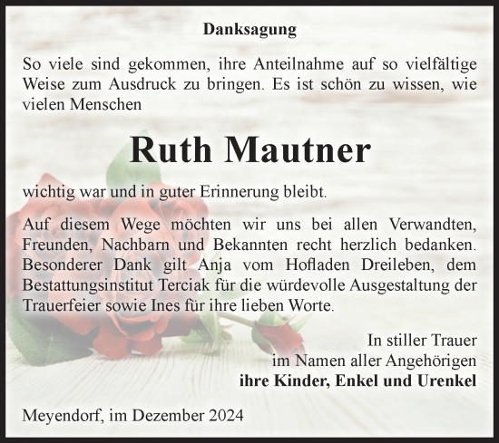 Traueranzeige von Ruth Mautner von Volksstimme Oschersleben/Wanzleben