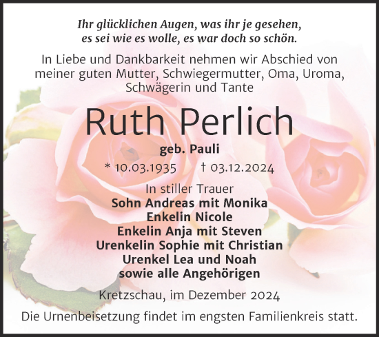 Traueranzeige von Ruth Perlich von Trauerkombi Zeitz