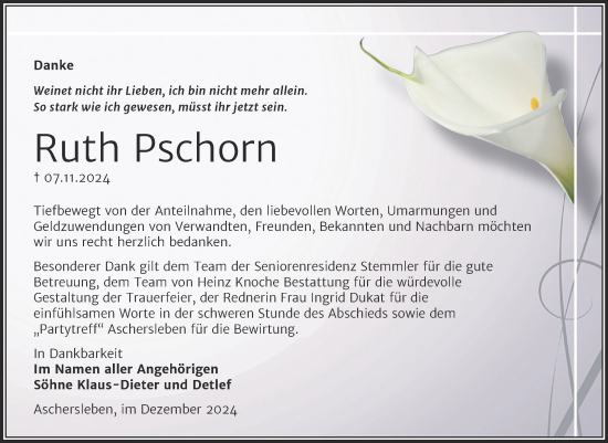 Traueranzeige von Ruth Pschorn von Trauerkombi Aschersleben
