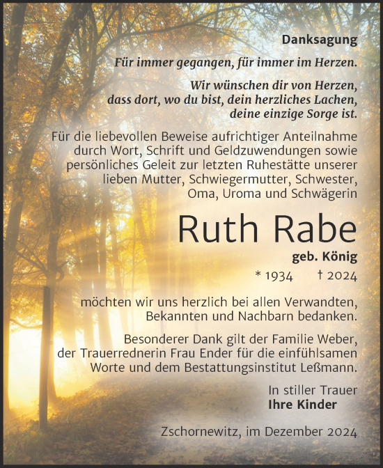 Traueranzeige von Ruth Rabe von Trauerkombi Wittenberg