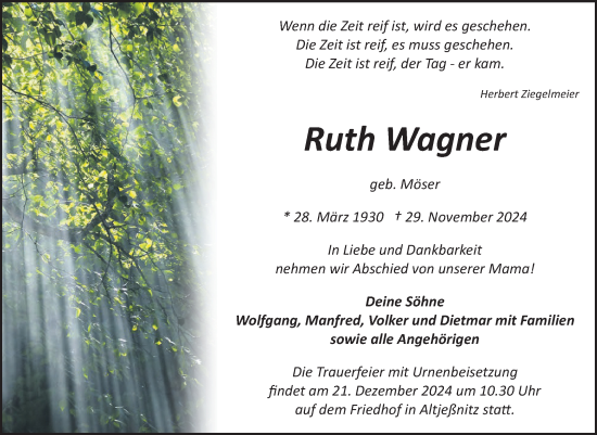 Traueranzeige von Ruth Wagner von Trauerkombi Bitterfeld