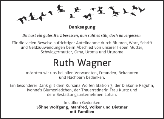 Traueranzeige von Ruth Wagner von Trauerkombi Bitterfeld