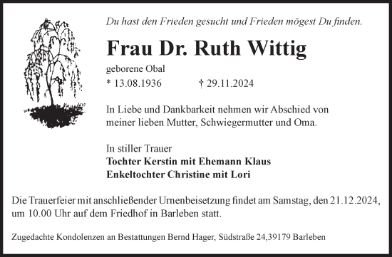 Traueranzeige von Ruth Wittig von Volksstimme Magdeburg