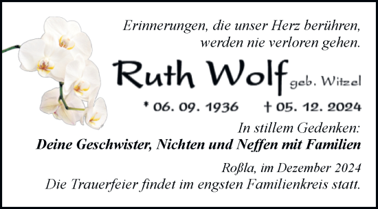 Traueranzeige von Ruth Wolf von Trauerkombi Sangerhausen