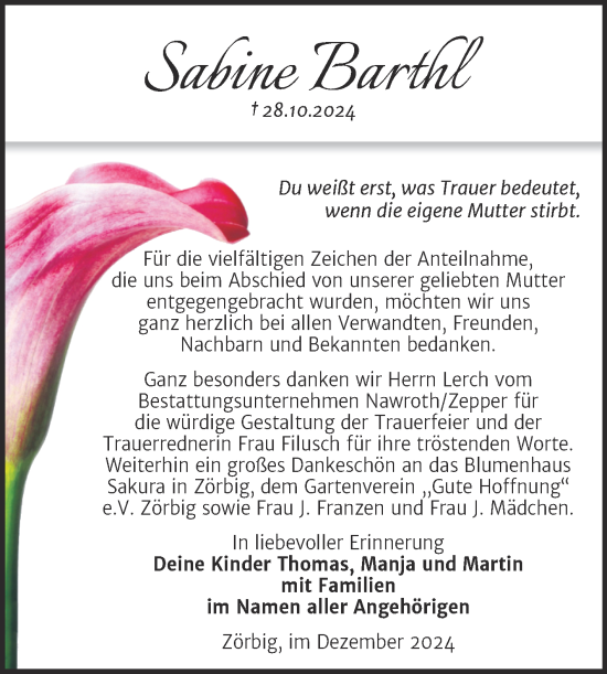 Traueranzeige von Sabine Barthl von Trauerkombi Bitterfeld