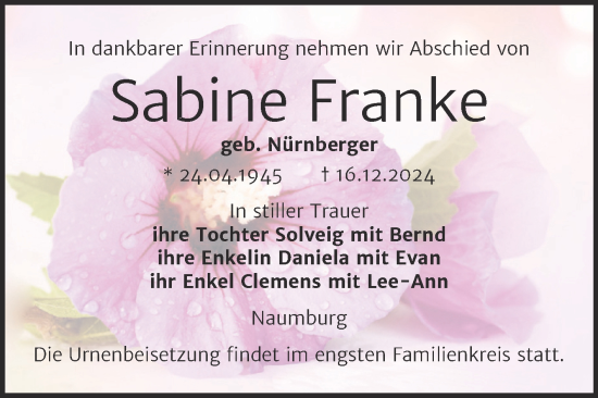 Traueranzeige von Sabine Franke von Naumburger Tageblatt