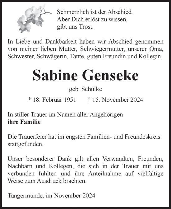 Traueranzeige von Sabine Genseke von Volksstimme Altmark Ost