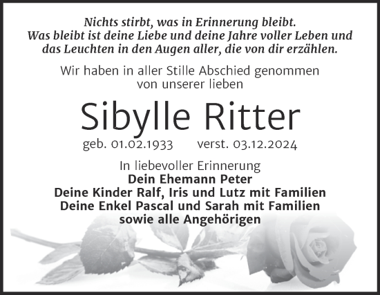 Traueranzeige von Sibylle Ritter von Trauerkombi Weißenfels