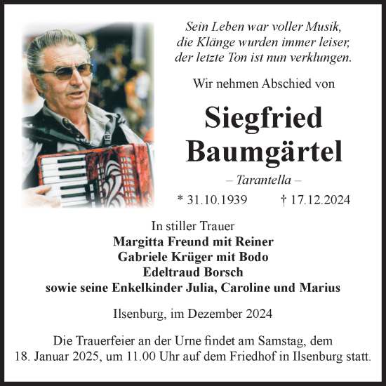 Traueranzeige von Siegfried Baumgärtel von Volksstimme Wernigerode