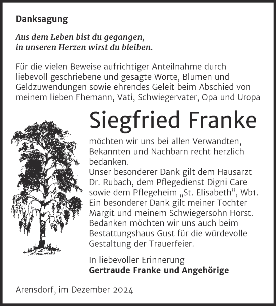 Traueranzeige von Siegfried Franke von Trauerkombi Köthen