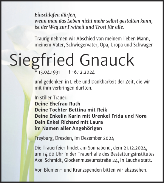 Traueranzeige von Siegfried Gnauck von Naumburger Tageblatt