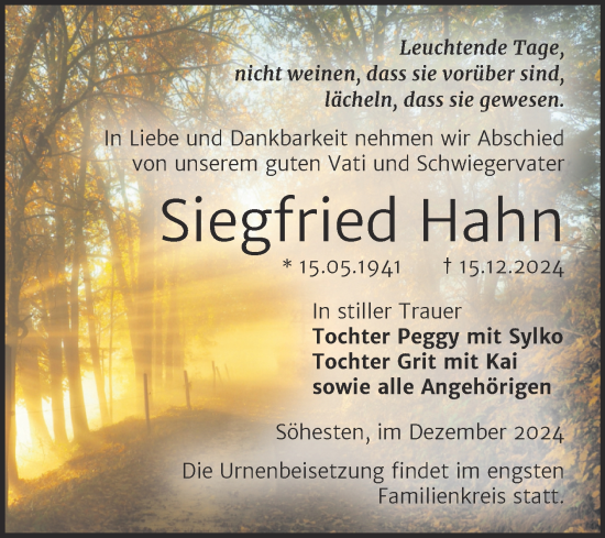 Traueranzeige von Siegfried Hahn von Trauerkombi Weißenfels