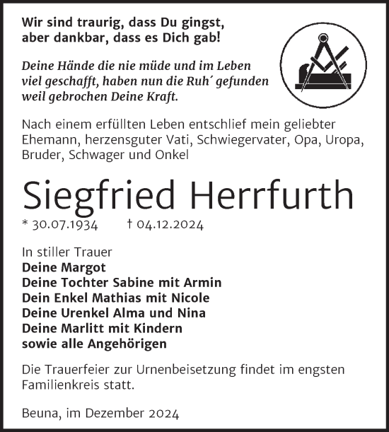 Traueranzeige von Siegfried Herrfurth von Trauerkombi Merseburg