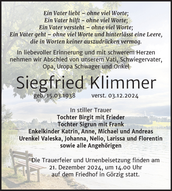 Traueranzeige von Siegfried Klimmer von Trauerkombi Köthen