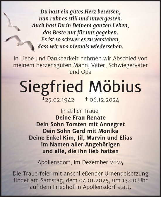 Traueranzeige von Siegfried Möbius von Trauerkombi Wittenberg