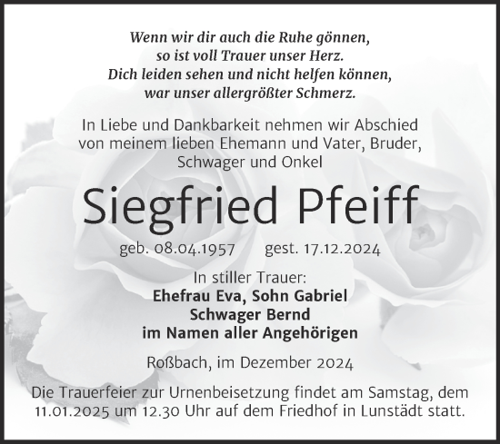 Traueranzeige von Siegfried Pfeiff von Trauerkombi Merseburg