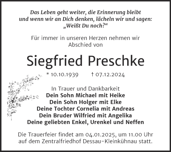 Traueranzeige von Siegfried Preschke von Trauerkombi Dessau