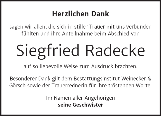 Traueranzeige von Siegfried Radecke von Trauerkombi Bernburg