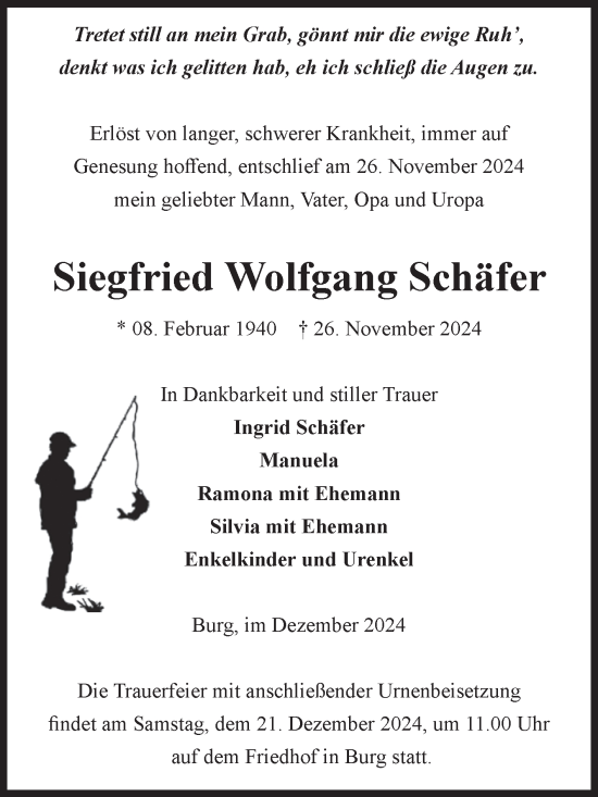 Traueranzeige von Siegfried Wolfgang Schäfer von Volksstimme Burg/Genthin